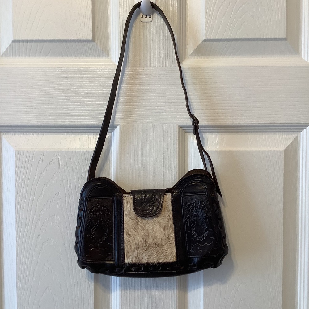 Puro Cuero Hand Crafted Tooled Leather Cowhide Pony Hair Shoulder Bag Brown